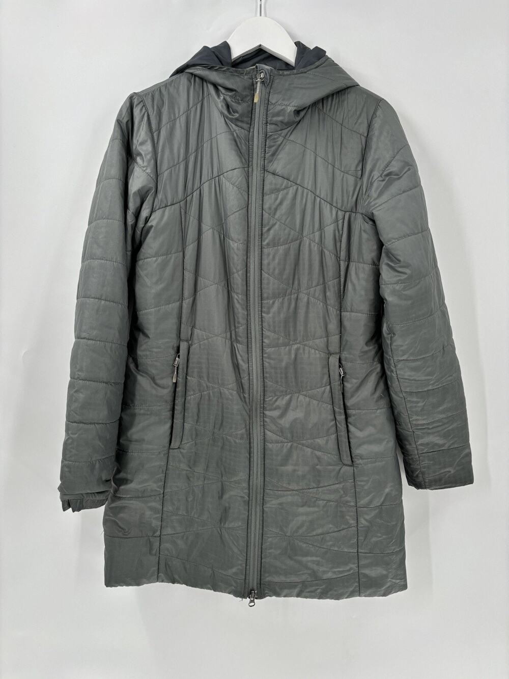 Columbia Omni Heat Womens M Gray Long Quilted Hooded Insulated Winter Coat Zip